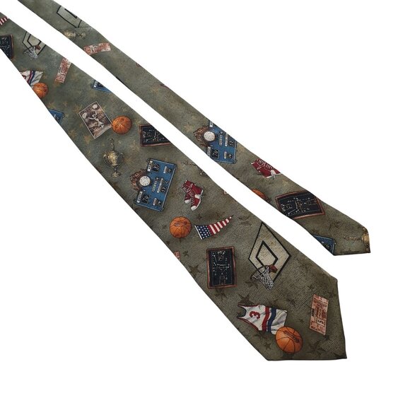 Vintage Americana Sports Themed Necktie Featuring Basketball Coach Team Trophies - Picture 1 of 6